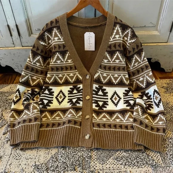 New Western Geometric Aztec Brown Knit Cardigan Sweater V-Neck Cowichan Top - Picture 3 of 6